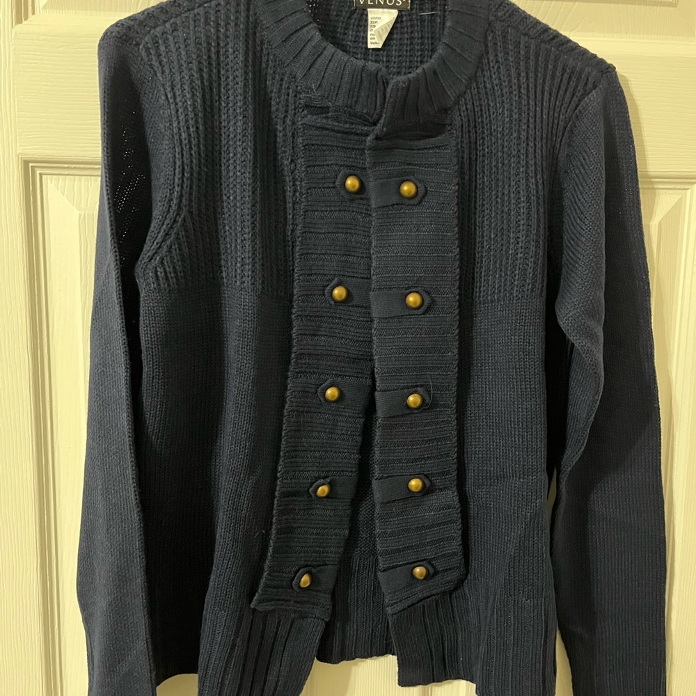 Ladies MD tab button navy cardigan